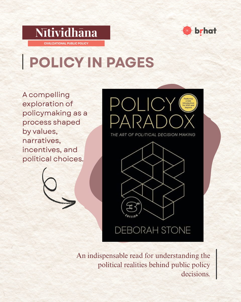 brhat_in's tweet photo. Before leaders shape institutions, ideas shape leaders.

Every policy framework reflects a way of understanding society. The best public leaders engage with multiple traditions of thought before forming their own.

This edition of Policy in Pages features:

- Policy Paradox by Deborah Stone
- Governing the Commons by Elinor Ostrom
- Elements of Indian Knowledge Systems by Mohan Raghavan @MohanRaghavan8

Three books that will deepen your understanding of governance, institutions, and knowledge systems.

Comment 'BOOK' to receive our curated reading list, or explore more recommendations in Policy in Pages: https://t.co/pzF8vUfCyX

What book has shaped the way you think about governance? Tell us in the comments.

#publicpolicy #iks #policy #governance #leadership #statecraft #nitividhana #policyinpages