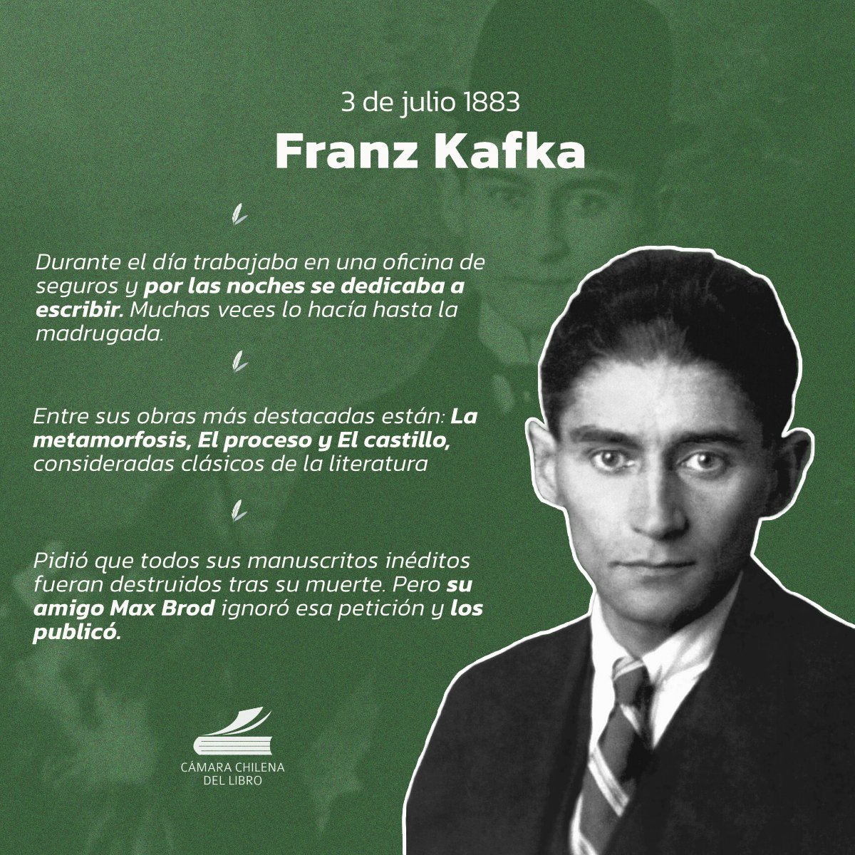 camaradellibro's tweet photo. Un día como hoy, en 1883, nació en Praga Franz Kafka, uno de los autores más influyentes de la literatura universal. 📚✨

Si tuvieras que recomendar un libro de Kafka, ¿cuál sería? Te leemos en los comentarios. 👇📖

#CámaraChilenaDelLibro #Kafka https://t.co/pgTs2MPki1