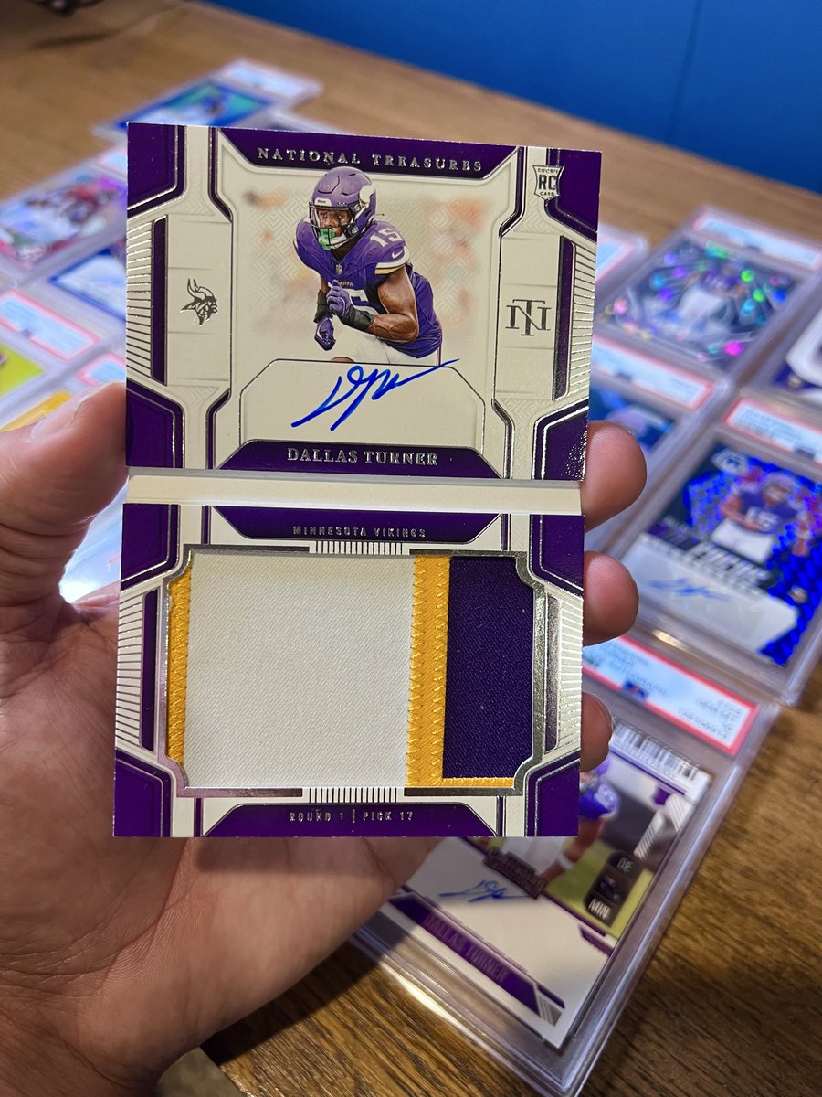 SkolGeek's tweet photo. Here are some of my slabbed #DallasTuner PSA 10’s and a JUMBO @UnoErra patch card. I see @VikesReport caught the DT card bug. Welcome to the club.

How many sacks will Dallas Turner have this year? #Skol #Vikings https://t.co/lTrPWqD9J5