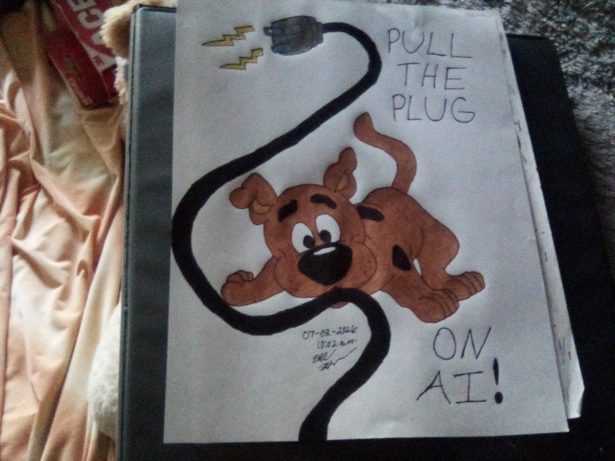 ABerkhouse's tweet photo. Took a few days to finish because of the oppressive heat, but I got it done! Inspired by @Bow_WowArts puppy Scooby-Doo takes his stand against AI! I will post better pictures ASAP. #scoobydoo #screwAI #fuckAI #Handdrawn https://t.co/ceDNoFtN49