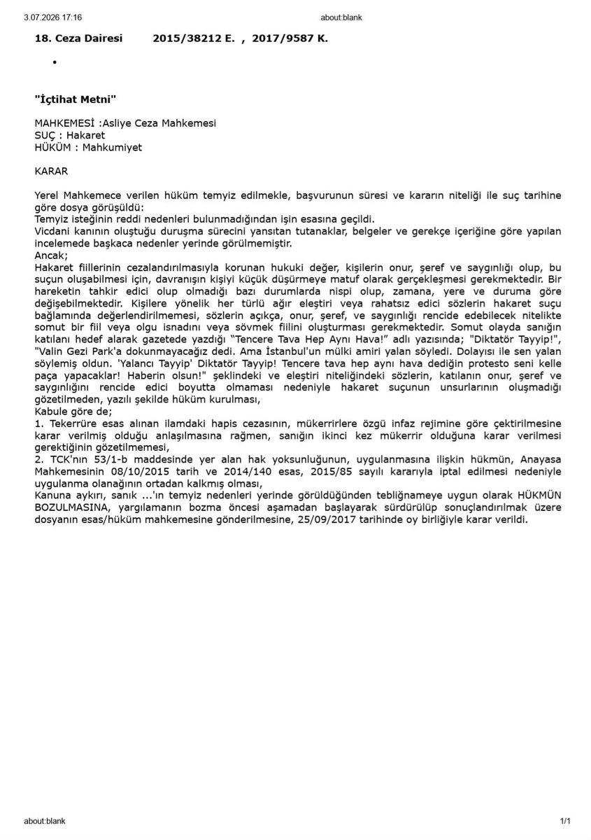 eminagaoglu's tweet photo. Deniz Göktaş, Erdoğan'a "diktatör" dedi diyerek, Cumhurbaşkanı'na hakaret suçundan tutuklanıyor.

Bu da bir NATO TEDBİRİ Mİ...

Erdoğan'a "diktatör" demeyen mi var.
Bunda bir gariplik mi var...
Yargıtay, tüm bunlar için "ifade özgürlüğüdür" diyor.

İşte o kararlardan bazıları:
Yargıtay 18 CD, 2015/3812E, 25.9.2017,  2017/9587K
Yargıtay CGK, 2018/62E, 13.9.2022, 2022/542K,
Yargıtay 4 CD, 2023/2186E, 29.5.2023, 2023/19046 K,
Yargıtay 3 CD, 2021/3032E, 10.2.2025, 2025/3543K

İŞTE İKİ KARAR METNİ
#Erdoğan #Diktatör