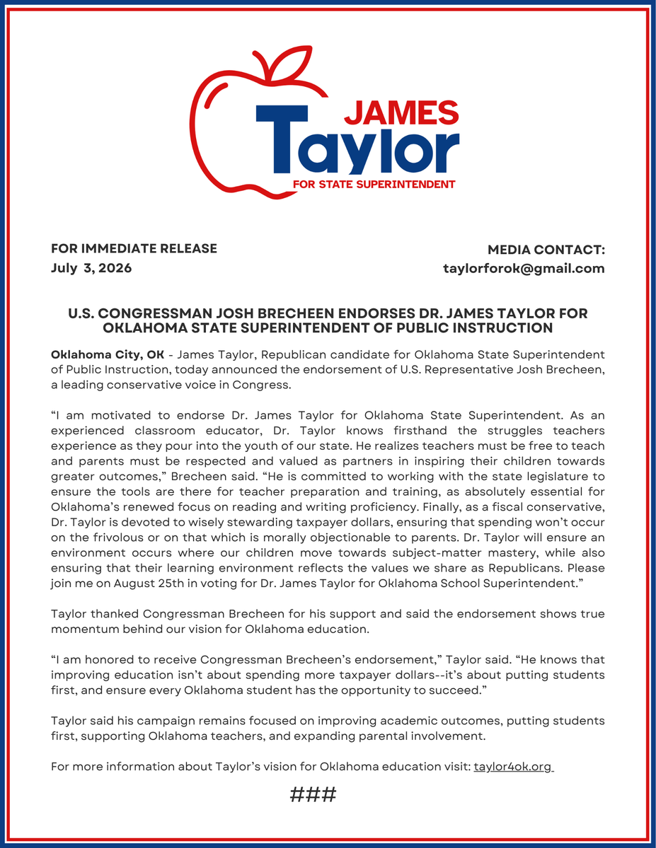 JamesTaylorOK's tweet photo. I am proud to have the endorsement of @RepBrecheen!

We will put students, parents, and teachers first. https://t.co/KZApEZ3a3R