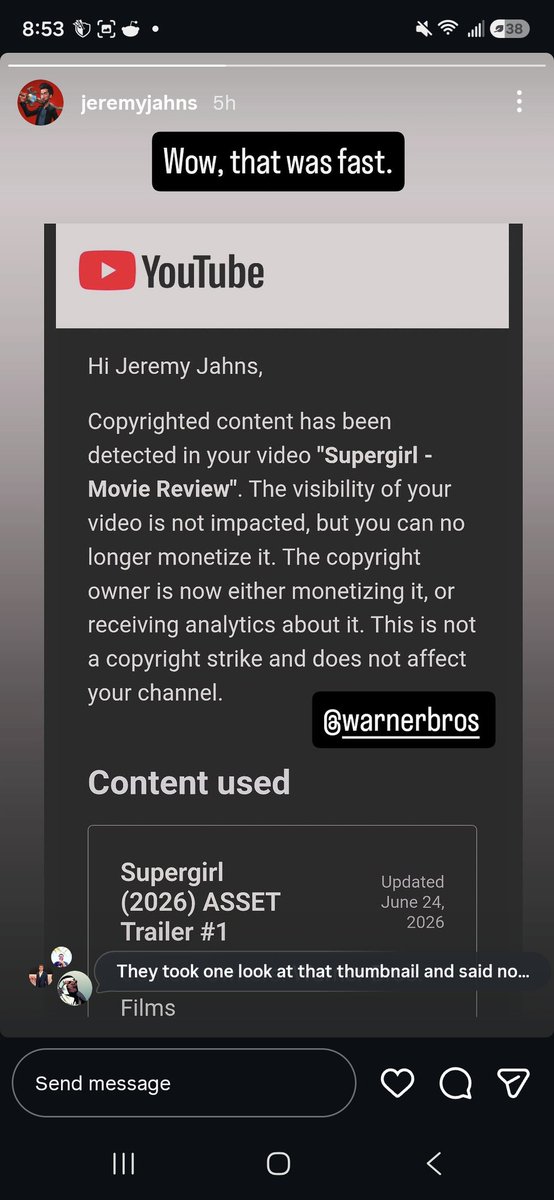 Sugyfu2005's tweet photo. @HubPointless A certain someone also got a video demonitized because he was giving critisisms on that new Supergirl movie, showing that Warner Bros. is really sensitive over fair use. https://t.co/viDFHh0gEc