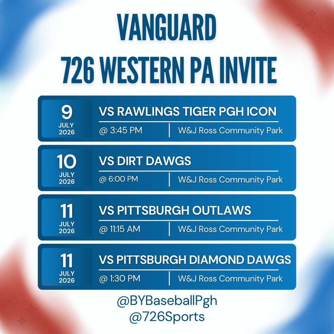 BYBaseballPgh's tweet photo. Team Vanguard staying home again for next weekend’s @726Sports Western PA Invite. All games down at @DubJayBaseball😍 
Happy 4th of July🇺🇸🎇 https://t.co/0JNUmxdeO4