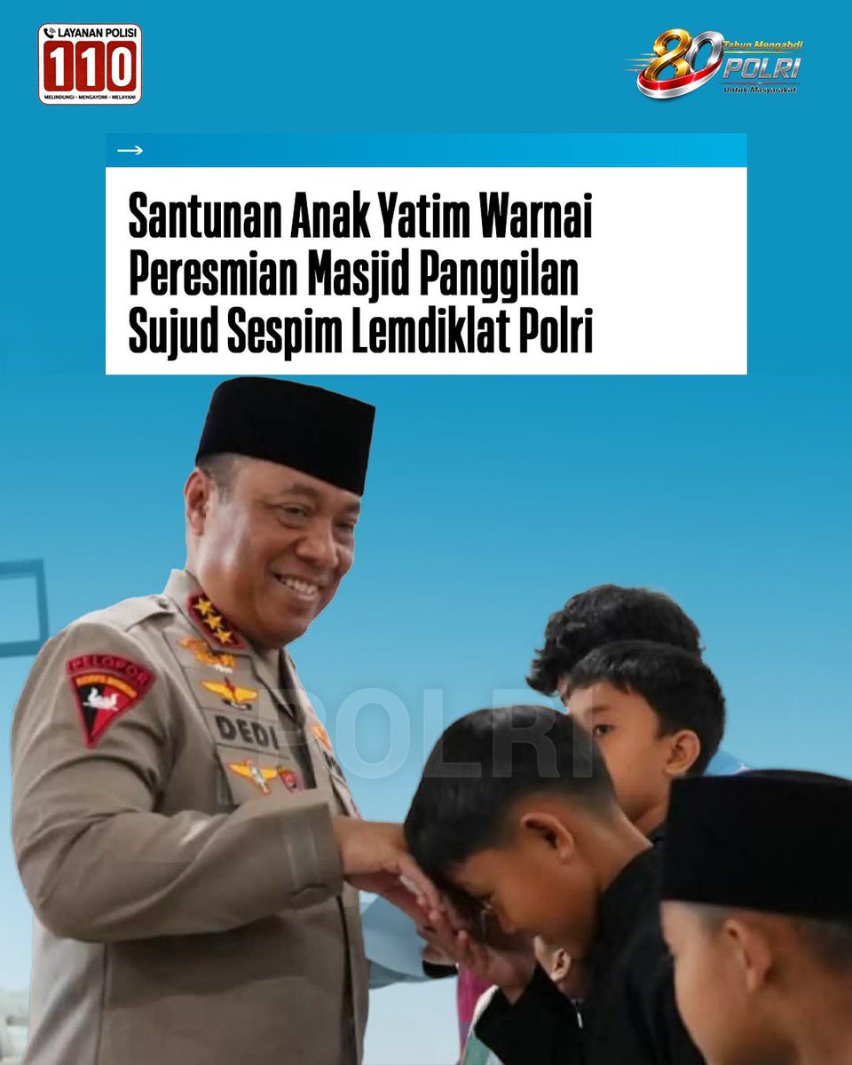 DivHumas_Polri's tweet photo. Dalam rangka Hari Bhayangkara ke-80, Wakapolri meresmikan revitalisasi Masjid Panggilan Sujud di Sespim Lemdiklat Polri, Lembang, Jawa Barat, Kamis (2/7). Dalam momentum tersebut, Wakapolri juga menyerahkan santunan kepada 25 anak yatim binaan Yayasan Al-Khoiriyah sebagai wujud kepedulian sosial. Revitalisasi dilakukan untuk menghidupkan fungsi masjid sebagai pusat ibadah, pendidikan, pembinaan akhlak, dan pemberdayaan masyarakat, sehingga memperkuat nilai spiritualitas dan kemanusiaan dalam pengabdian Polri.

“Peresmian masjid akan semakin bermakna apabila diiringi dengan kepedulian kepada mereka yang membutuhkan perhatian dan kasih sayang. Kehadiran anak-anak yatim di tengah kita menjadi pengingat agar setiap amanah jabatan dan pengabdian senantiasa dilandasi hati yang penuh empati, keikhlasan, dan rasa syukur,” ujar Wakapolri.