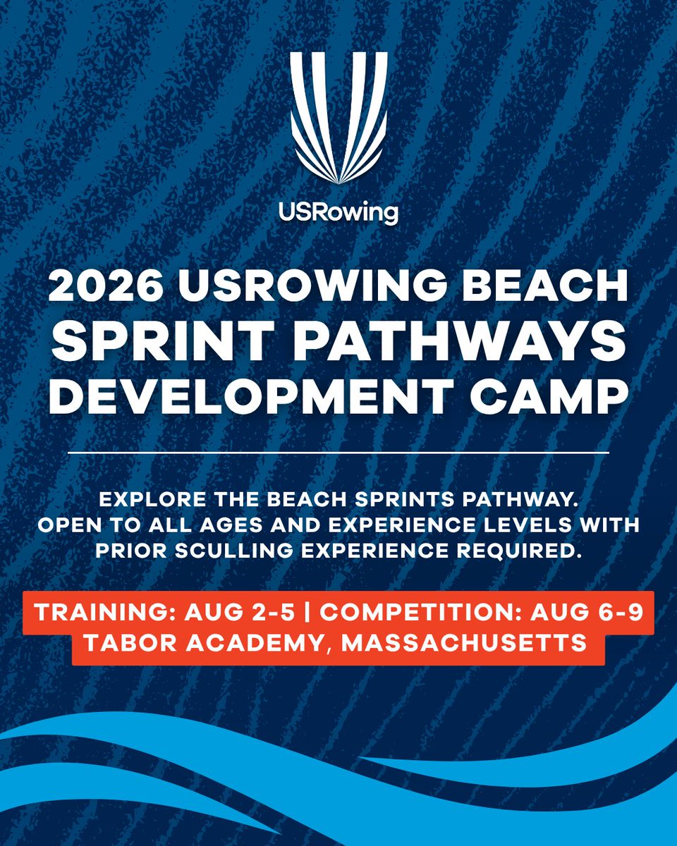 usrowing's tweet photo. The beach is calling. 🌊

Join us August 2–9 at Tabor Academy for the inaugural 2026 USRowing Beach Sprint Pathways Development Camp. Train with the nation's top Beach Sprint coaches, sharpen your skills on the official National Championships course, and put your training to the test at the 2026 USRowing Beach Sprint Trials, Speed Order, and National Championships.

Whether you're looking to explore Beach Sprints for the first time or take your racing to the next level, this camp is your opportunity to experience one of rowing's fastest-growing disciplines.

✔️ Open to rowers of all ages (sculling experience required)
 ✔️ Meals, housing, equipment, and one regatta entry included
 ✔️ August 2–9 | Tabor Academy, Massachusetts

Register through your USRowing Member Portal by selecting Camps.

Questions? Email Camps@usrowing.org.