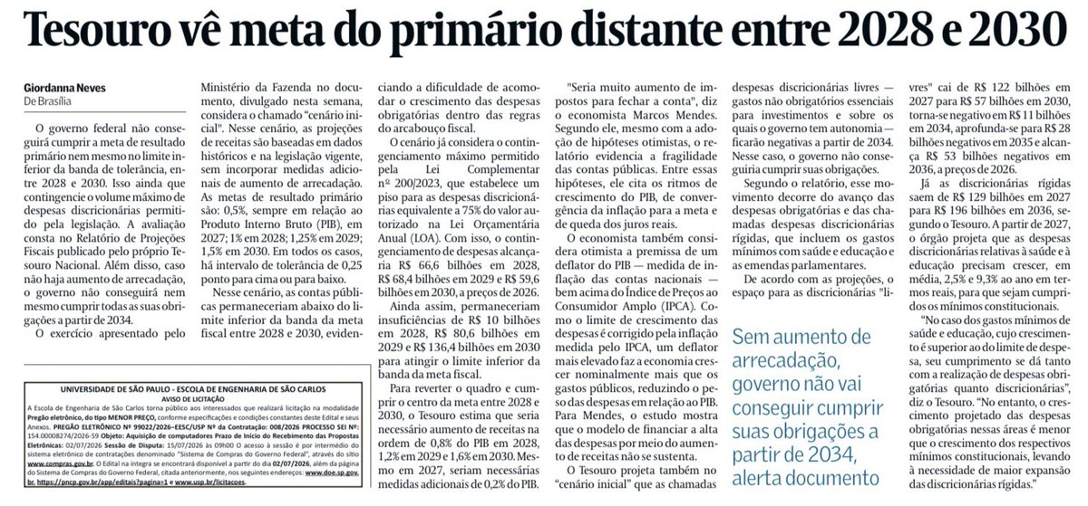 EconomicsArtBRL's tweet photo. Estudo do Tesouro mostra a dificuldade de cumprimento das metas fiscais nos próximos anos. Mesmo assumindo um ajuste fiscal relevante a partir de 2027, despesas não desaceleraria de forma suficiente no início da sua vigência. Assim, Congresso precisaria aprovar aumento de impostos para garantir o cumprimento da meta ou retirada de mais gastos do cômputo da meta