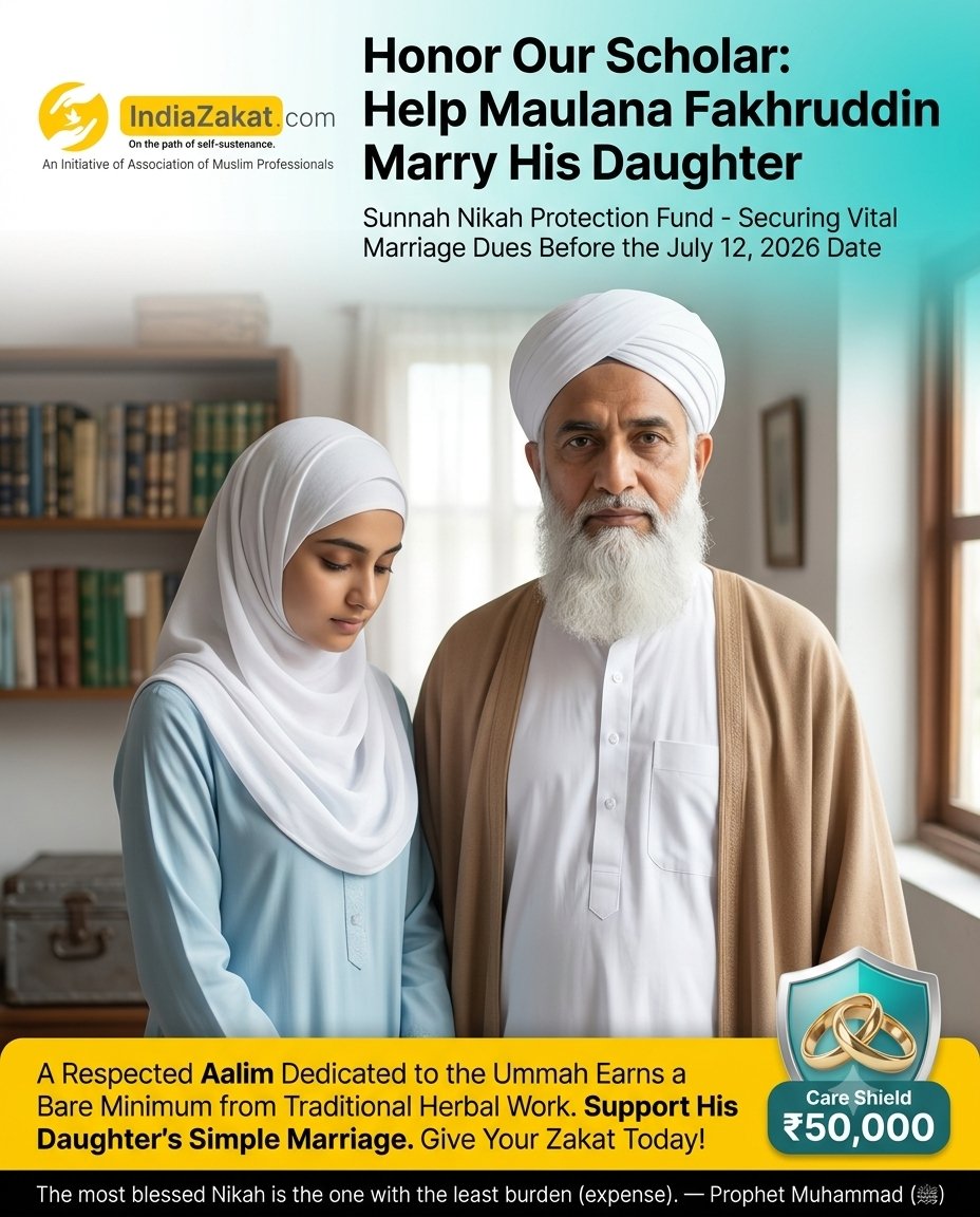 TheIndiaZakat's tweet photo. A respected Aalim-e-Deen, Maulana Fakhruddin is struggling to arrange the basic expenses for his daughter's Nikah on 12 July 2026.
Your Zakat, Sadaqah &amp; Lillah can help Fakhruddin perform her Nikah with dignity.
Kindly donate at:
https://t.co/e1m9ymBxIW https://t.co/qEzPb6PVG9