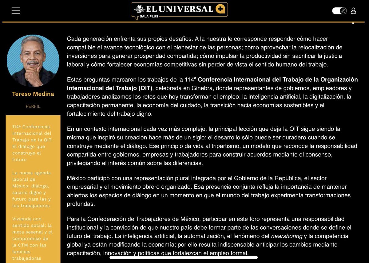 tereso_medina's tweet photo. Les comparto mi más reciente columna para @El_Universal_Mx, donde reflexiono sobre las enseñanzas que deja la 114 Conferencia Internacional del Trabajo de la OIT para México y sobre la importancia de fortalecer el diálogo social como una herramienta para impulsar el desarrollo de nuestro país. Los invito a leerla.

https://t.co/LtIhbLRpjr