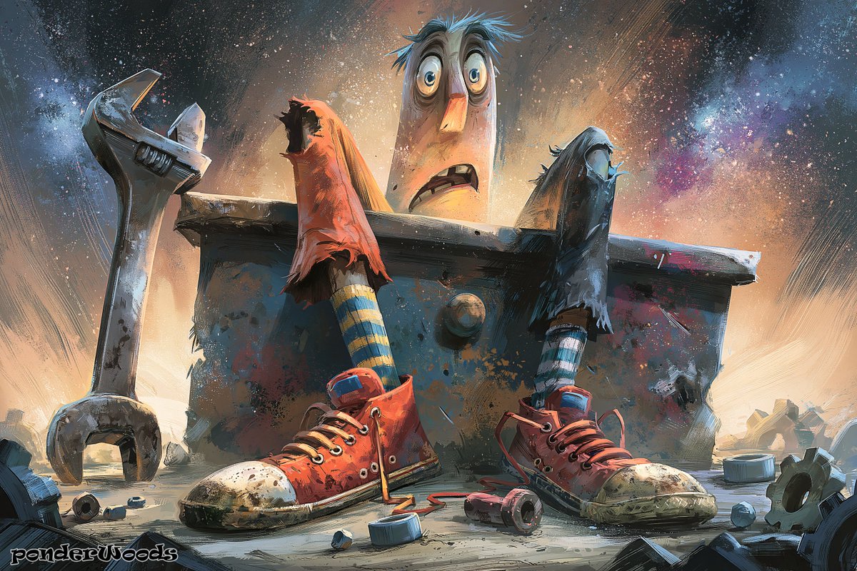 ponderWoods's tweet photo. The day just crawled out of the cosmic toolbox wearing mismatched socks and holding a wrench it doesn’t know how to use. https://t.co/7SFWFZC0Tk