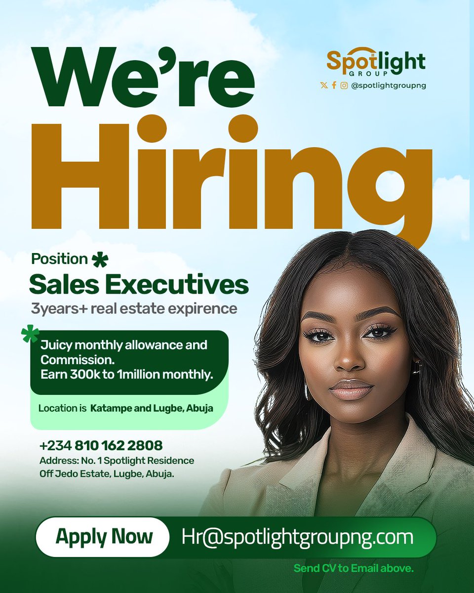 SpotlightgroupN's tweet photo. WE’RE HIRING! 

Join Spotlight Group as a Sales Executive and take your earning potential to the next level!

✨ What we’re looking for:
✔️ 3+ years of real estate sales experience
✔️ Strong communication and negotiation skills
✔️ A results-driven mindset https://t.co/8WlHFtmZiQ
