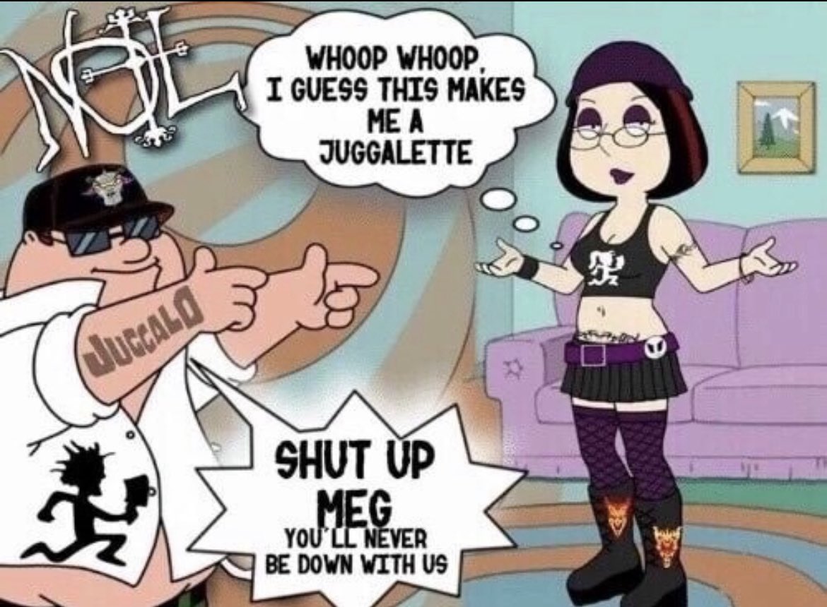 FatLennyLJS's tweet photo. Peter she went through all the trouble of getting this makeover and spent God knows how much on the merch, your daughter is trying to connect with you. Let her be a juggalette. Please. https://t.co/DJcZmsamJN