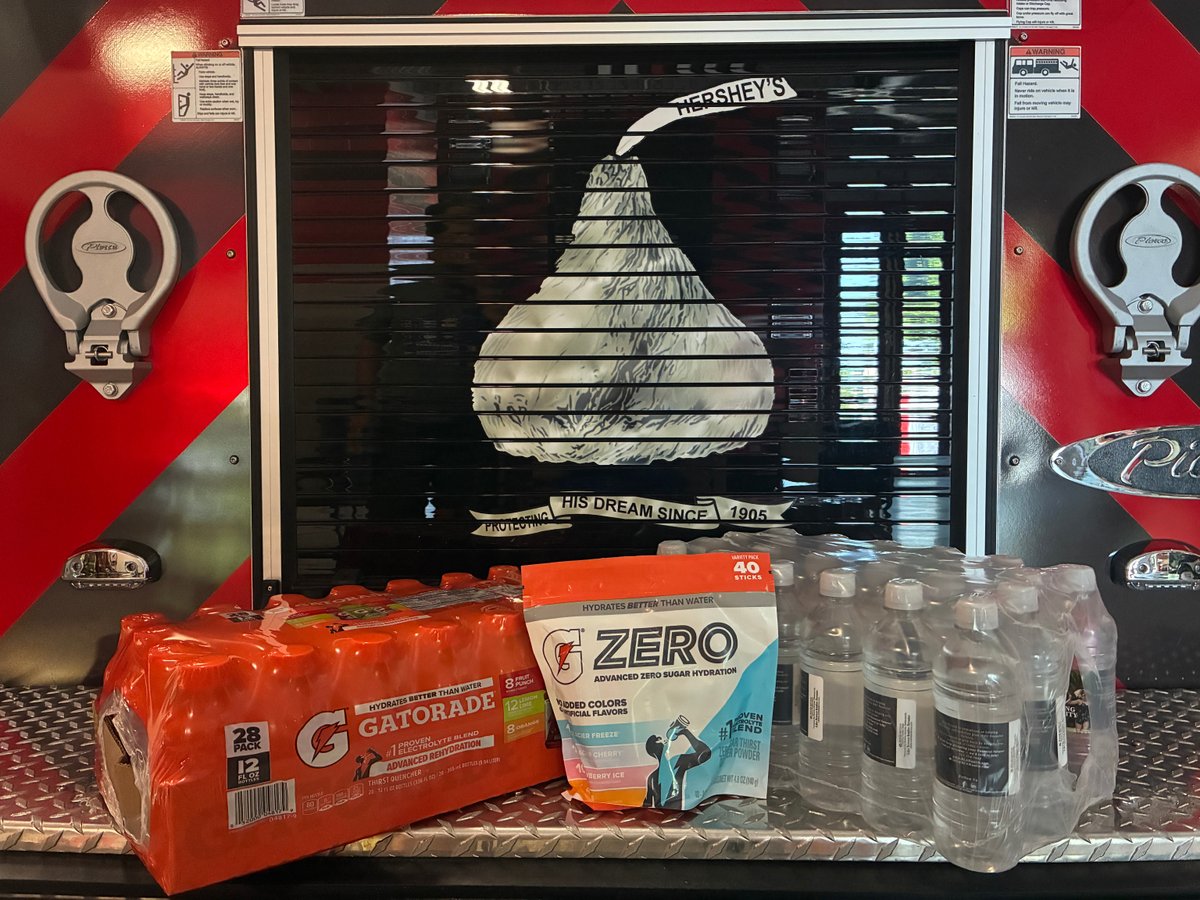 HersheyFire's tweet photo. Thanks, AccuWrite of Hershey, for donating water & Gatorade during the heatwave! #Hersheyfire is always grateful for donations of bottled water, sports drinks, & other hydration supplies. If you'd like to help protect those who protect our community, we'd love to hear from you. https://t.co/dGZAmN9JTa