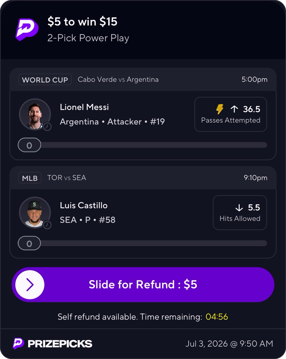 Madness_DFS's tweet photo. 🚨 MESSI FLASH SALE ON PRIZEPICKS 🚨

3x 2-Pick Power Play locked in:

• Lionel Messi o36.5 Passes Attempted (Argentina vs Cabo Verde)
• Luis Castillo u5.5 Hits Allowed (TOR vs SEA)

Messi is the engine for Argentina. Castillo in a great spot to limit contact 🔥

Smash or Pass? YES/NO in replies 👇

Full breakdown + more flash sale plays in thread…

#PrizePicks #WorldCup #MLB