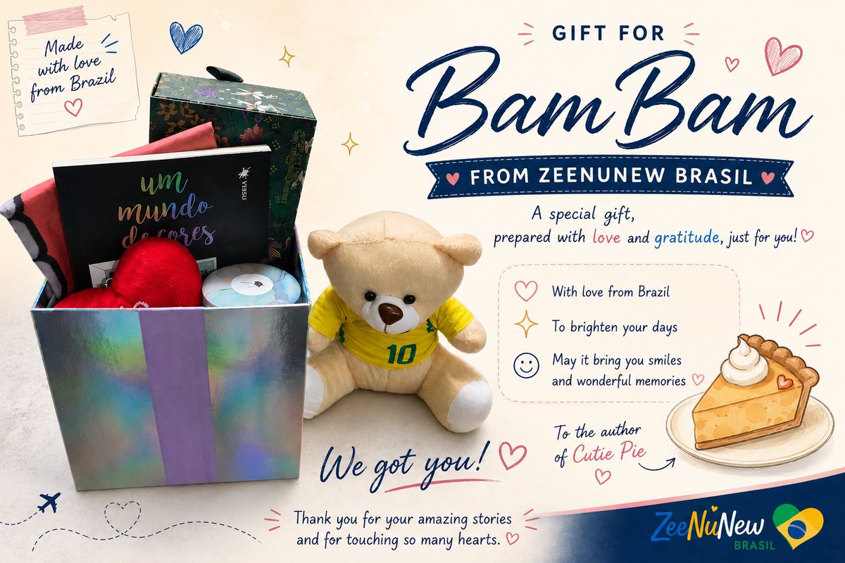ZeeNunew_BR's tweet photo. We also left a special gift for @BAMBAMANIIE_ with the @editoranewpop staff. 🥹🎁💖

It’s a simple gift, but it was prepared with so much love, as a way to thank her for everything she created and for the impact Cutie Pie has had on our lives, as well as on Zee and NuNew. 

We truly hope she likes it! ✨

#AnimeFriends #AF26 #AFextravagante #BamBam #CutiePie