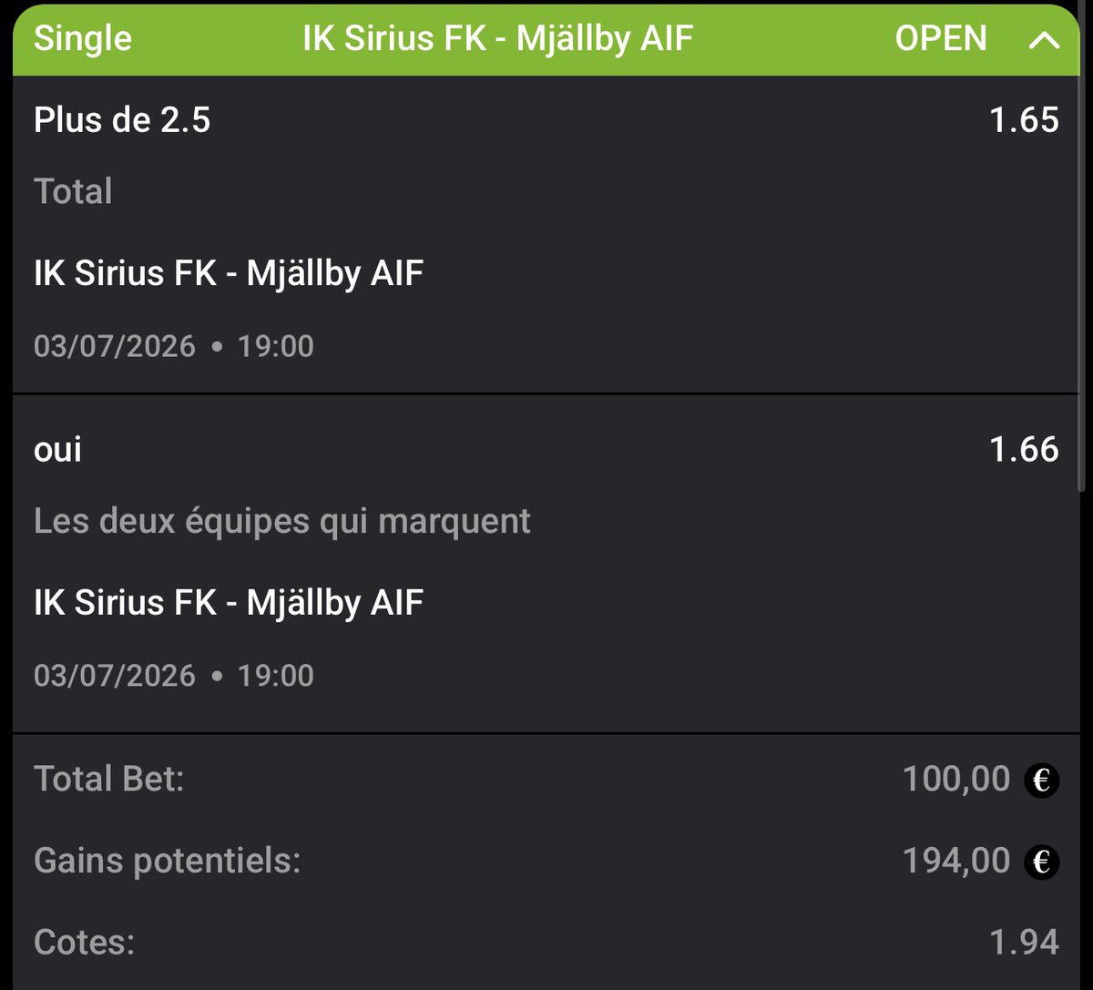 BttsPro's tweet photo. BTTS DU JOUR ⚽️🐐 

🇸🇪SIRIUS 🆚️MJALLBY🇸🇪 
➡️LES 2 MARQUE &amp; +2,5 BUTS 

🎁🐐Misez avec le goat sur Lollybet avec 20€ Freebet Offert sans dépôt https://t.co/EW0S5ZQERZ

#TeamParieur https://t.co/OoJCcvF68J