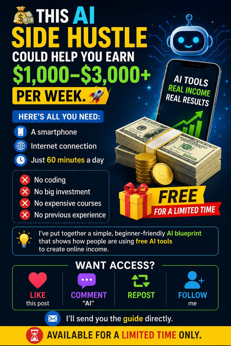 NadzuAI's tweet photo. 💸 This AI side hustle could help you earn $1,000–$3,000+ per week. 🚀

Here's all you need:

📱 A smartphone
🌐 Internet connection
⏰ Just 60 minutes a day

❌ No coding
❌ No big investment
❌ No expensive courses
❌ No previous experience

I've put together a simple, beginner-friendly AI blueprint that shows how people are using free AI tools to create online income.

🎁 Free for a limited time.

Want access?

❤️ Like this post
💬 Comment "AI"
🔁 Repost
➕ Follow me

I'll send you the guide directly.

⏳ Available for a limited time only.