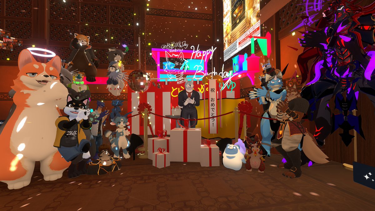 RiyuVR's tweet photo. 耳についてるヘアピンとツノに飾った指輪は誕プレなんだよー！Resoniteならではの「手渡し」でもらえる瞬間感動しちゃうよ～あむさん、すずさんありがと🎁
そして、とらといぬさんもお誕生日おめでとうございます🎂✨ https://t.co/o8zpxQ36oD