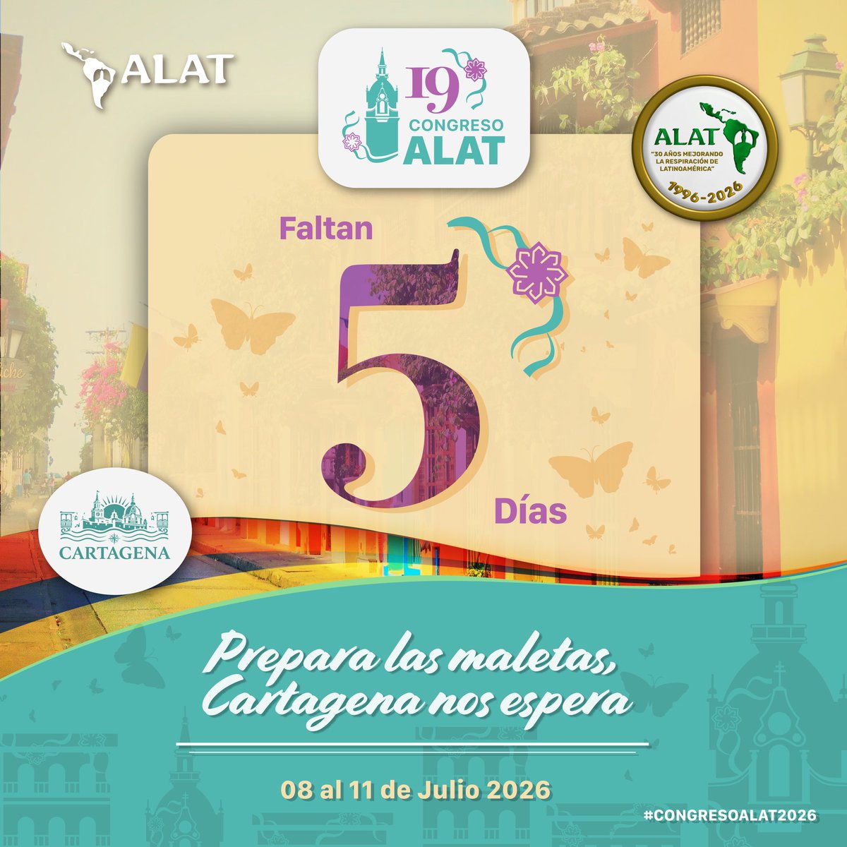 ALATorax's tweet photo. Faltan 5 días para que la comunidad respiratoria de Latinoamérica se reúna en Cartagena: 19° Congreso ALAT. ¡Prepara las maletas!🧳

—

5 days to go until Latin America’s respiratory community gathers in Cartagena: 19th ALAT Congress. Pack your bags!🧳

#CongresoALAT2026 https://t.co/aaN8ZbpX9y