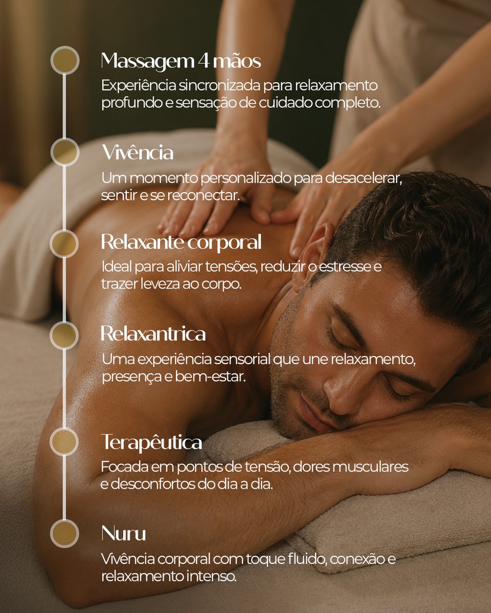 YangMassagens's tweet photo. Seu corpo merece uma pausa. ✨

Seja para aliviar as tensões, relaxar profundamente ou viver uma experiência única, temos a massagem ideal para você.

💆‍♂️ Massagem 4 Mãos
🌿 Vivência
🤲 Relaxante Corporal
✨ Relaxântrica
💪 Terapêutica
💧 Nuru
Escolha a experiência. https://t.co/eOU10Q4bYw