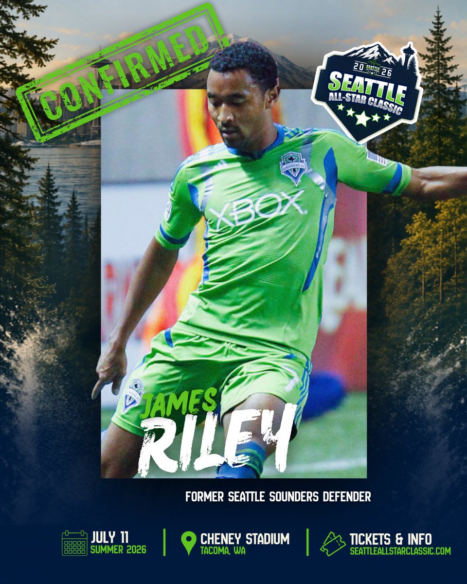 seattle_asc's tweet photo. Another Sounders legend is coming to SASC. James Riley is making his debut at the 2026 Seattle All-Star Classic!

Get your tickets today!
🎟️ https://t.co/9WHCDMC0Or
🗓️ Saturday, July 11th
📍Cheney Stadium (Tacoma, WA)
🕞 3:30 pm

#jamesriley #seattlesounders #sounders https://t.co/GGH6gtXD0i