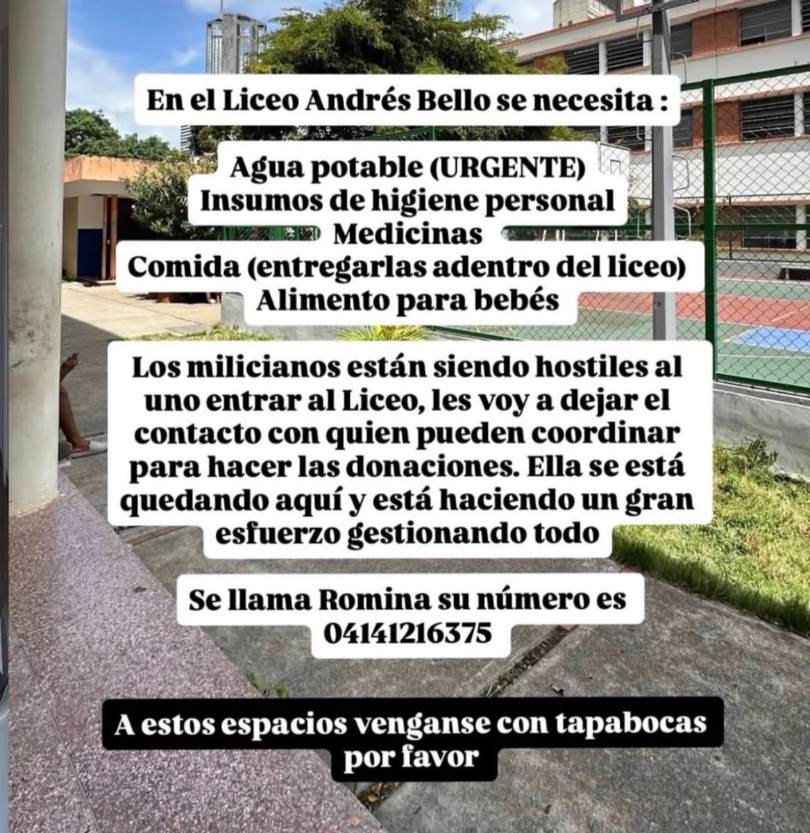 micheeeelle13's tweet photo. 🚨urgente: en el liceo andrés bello se necesita con carácter de urgencia:

agua potable, insumos de higiene personal, medicinas, comida, alimento para bebés 

el que pueda colaborar que se comunique con romina, su número es: 04141216375 https://t.co/SVMbGIau95