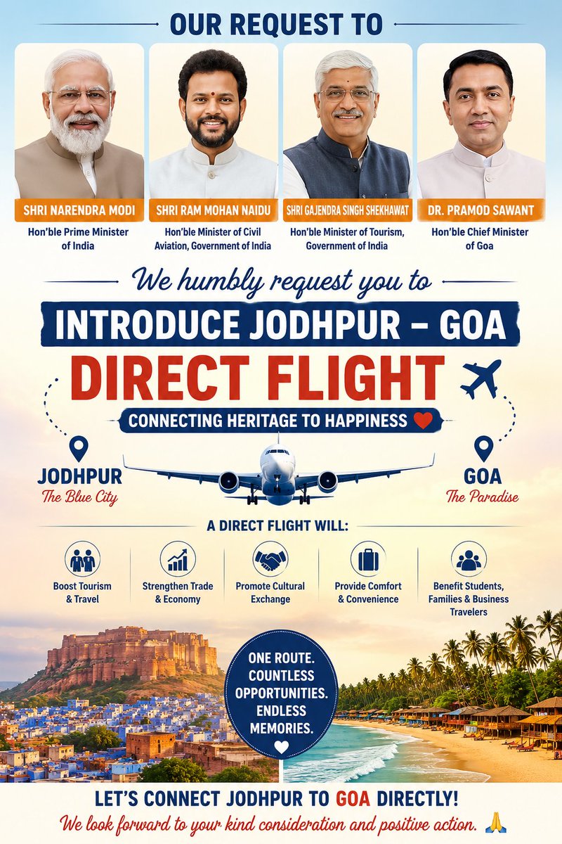 JAWAIBANDH_RAIL's tweet photo. @narendramodi आजादी के 78 साल बाद भी जोधपुर गोवा सीधी #Flight ✈️नहीं ,जबकि पर्यटक मंत्री जोधपुर के @gssjodhpur दोनों राज्य #गोवा #राजस्थान(जोधपुर) पर्यटक की पहली पसंद @goacm @DrPramodPSawant @RamMNK लाखों प्रवासी नौकरी,व्यवसाय,स्टूडेंट(BITS)आना जाना लगा रहता #पाली #जालोर #जोधपुर जिले के https://t.co/JvbfLzZqFX