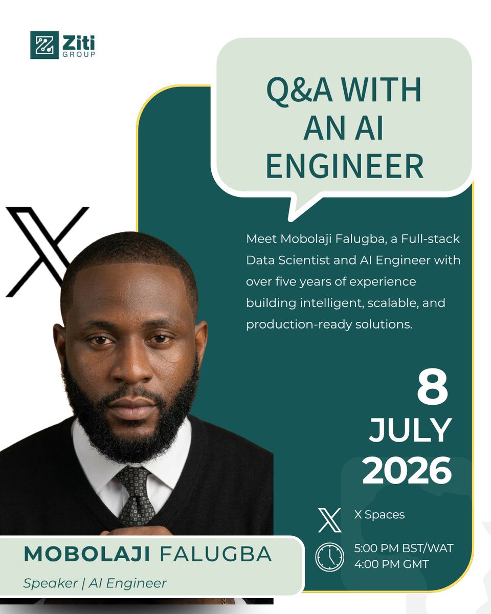Zitigroup's tweet photo. Join us LIVE for an interactive Q&amp;A session with Mobolaji Faluga

Are you just getting started in tech, exploring AI career paths, or looking to learn from someone working in the field?. This is your chance to ask questions and gain valuable insights from an industry professional https://t.co/r3X3uCY0YW