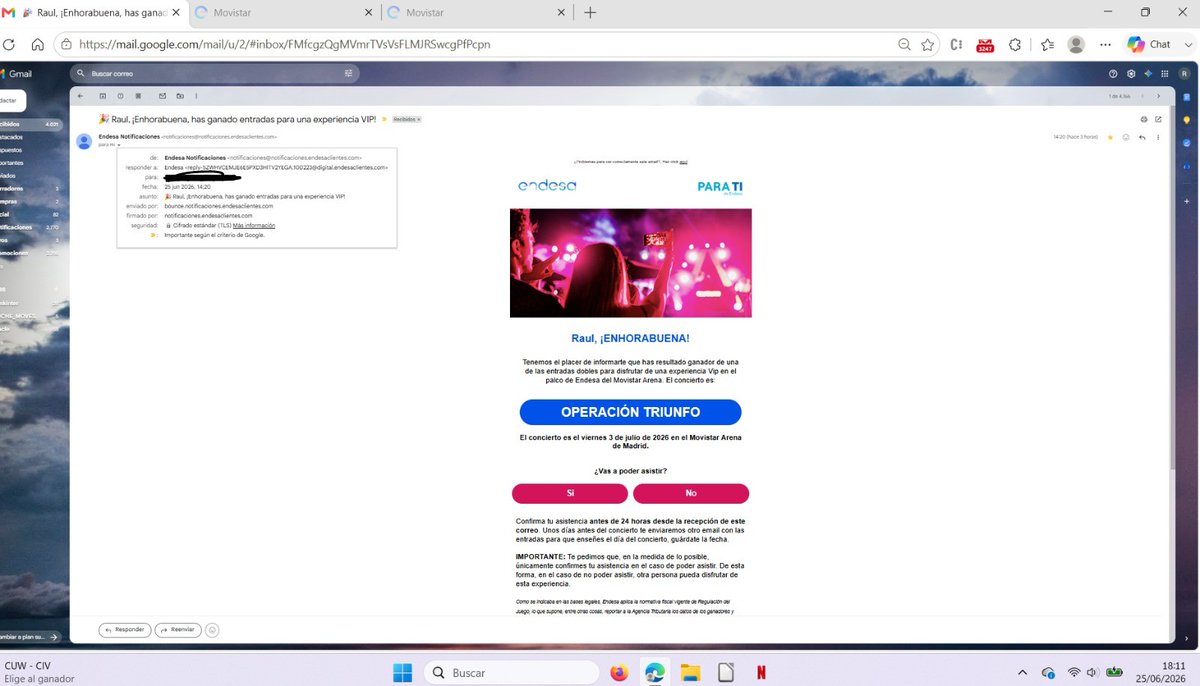 akekaGP's tweet photo. Esto no es publicidad engañosa o es directamente un timo @Endesa @EndesaClientes @consumogob???? Soy cliente de Endesa y me apunté a un concurso donde sorteaban entradas VIP para un concierto. Sorpresa!!! El 25 de junio a las 14:20 recibo un mail con el premio. Sigue hilo. https://t.co/miiNVSa9z8