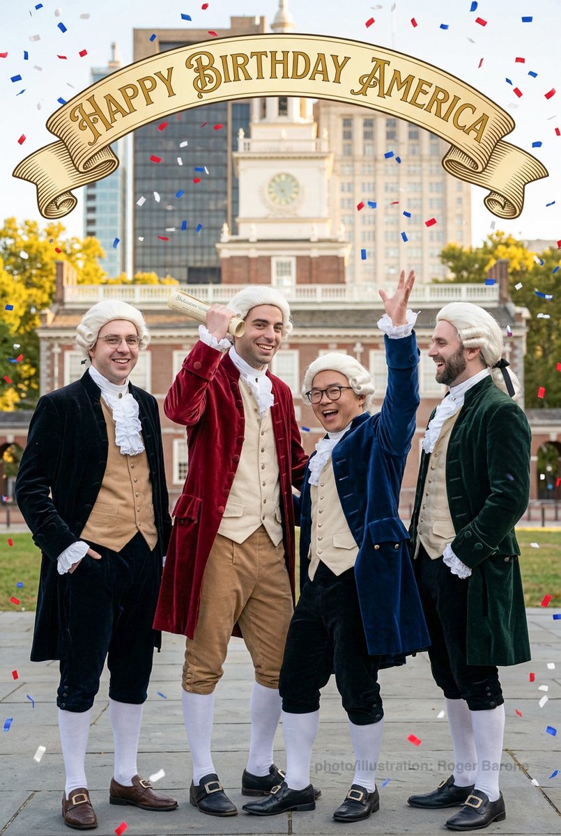 oppyseas's tweet photo. .@MidAtl_Retina fellows from left: Drs. @ErikMassenzio, Justin Muste, Timothy Xu &amp; Collin Richards, commerorating America's 250th Birthday.
photo &amp; AI Illustration: roger barone @shieldscarol1 @DelValNews @KatZhang @JeffersonAlumni #july4thphilly https://t.co/MPY3NuYYxi
