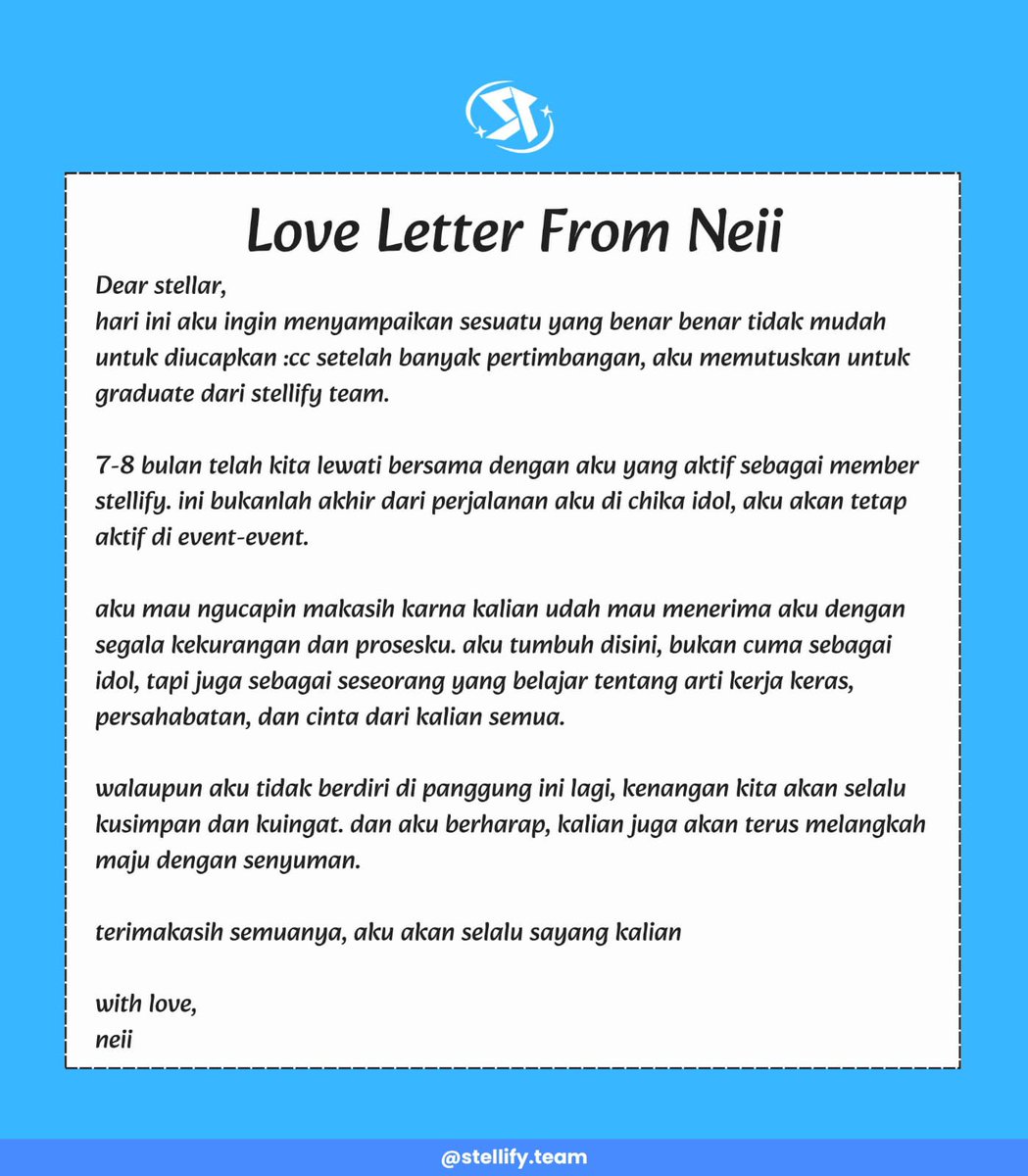 StellifyTeam's tweet photo. [ GRADUATION ANNOUNCEMENT ]

Terimakasih atas dukungan kalian untuk Stellify.

Kami ingin menginformasikan bahwa Neii akan menyelesaikan aktivitasnya sebagai member.

Last stage Neii akan segera diumumkan. https://t.co/XezmmcegQT
