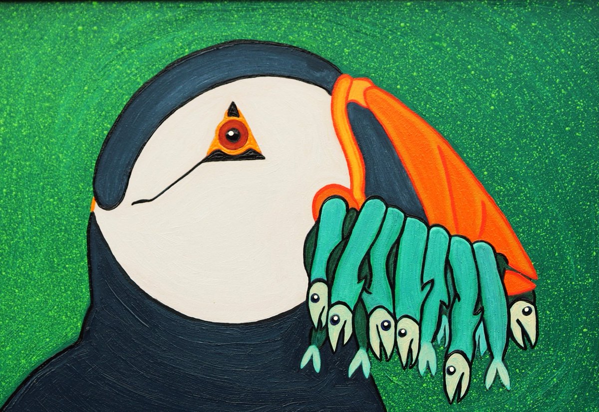 DustDeviltry's tweet photo. The late Bob Ross of The Joy of Painting (PBS 1983-94) was fond of saying "There are no mistakes, only happy accidents."
A rather nice one occurred for me on my last painting, which featured a puffin with a beak full of caplin. The first rendition I posted later struck me as needing some polish, so I set to brushing down a coat of stand oil. The bluish surfaces had been scumbled flat and were dry so it surprised me when the stand oil -- double-rectified linseed oil -- beaded.
I looked at it for a moment before realizing that a puffin emerging from the Atlantic with a beak full of fish should look a little wet. So I applied the mistake to an even larger share of the composition. I think it represents a marginal improvement over the original and I'm glad I went with it. 🇨🇦🎨🐟🕊️