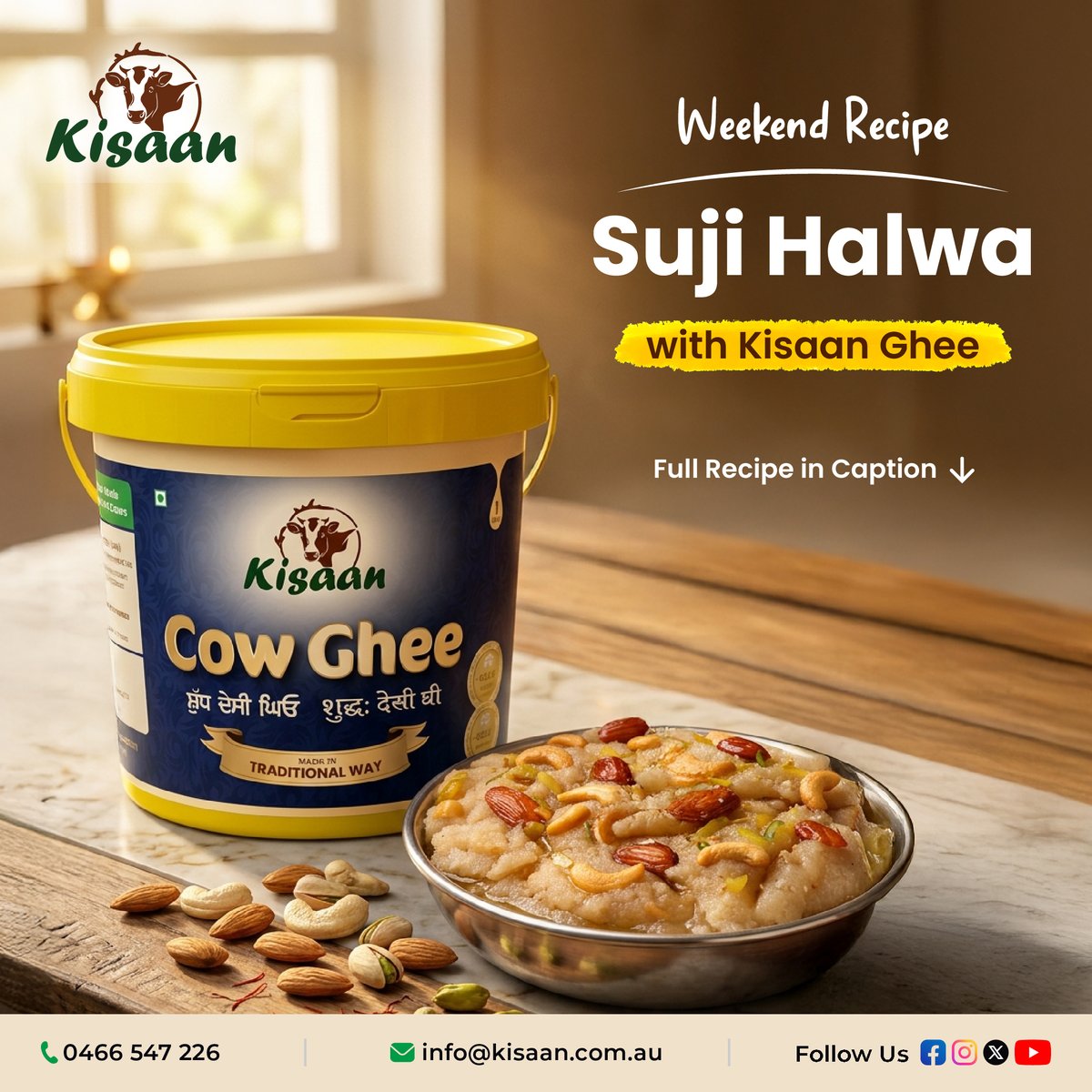 KisaanOfficial's tweet photo. Weekend Recipe: Suji Halwa 

Made with Kisaan Cow Ghee for that rich aroma and authentic homemade taste. A simple recipe that turns any weekend into a special one.

What's your favourite sweet made with ghee?

#KisaanDairy #KisaanGhee #SujiHalwa #WeekendTreat #IndianFood https://t.co/RqHi0wBg8v