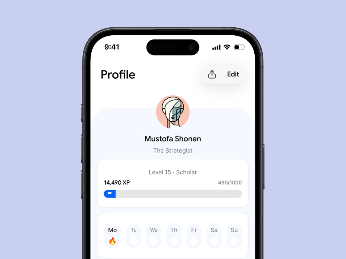 mustofa_shonen's tweet photo. Data serenity meets gamified learning. 🧠✨
Profile is all about giving users a clear view of their growth—leveling up from "Scholar" to "Strategist" with every quiz.
Design goal: Make the progress feel rewarding.
#UI #UX #ProductDesign #LearningApps https://t.co/ZuYhf9G0dM