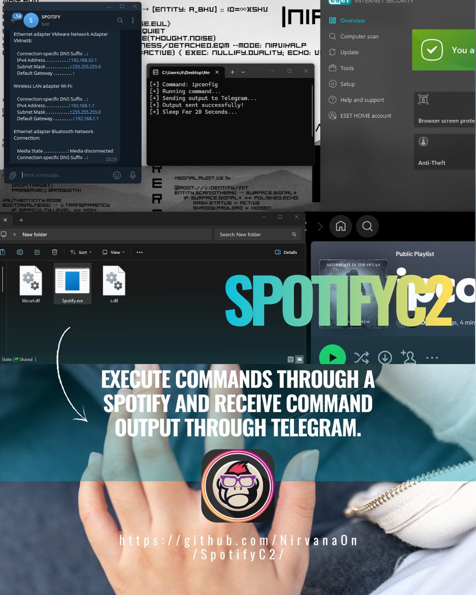 EsGeeks's tweet photo. 📡🎵🕵️‍♂️ SpotifyC2: Controla Windows remotamente usando el título de una playlist de Spotify como comando y Telegram para resultados. Sin API oficial, solo oEmbed público.

#redteam #ethicalhacking #ciberseguridad #threatemulation #cloudsecurity #telegram #c2c #commands https://t.co/6dBQddhMLu