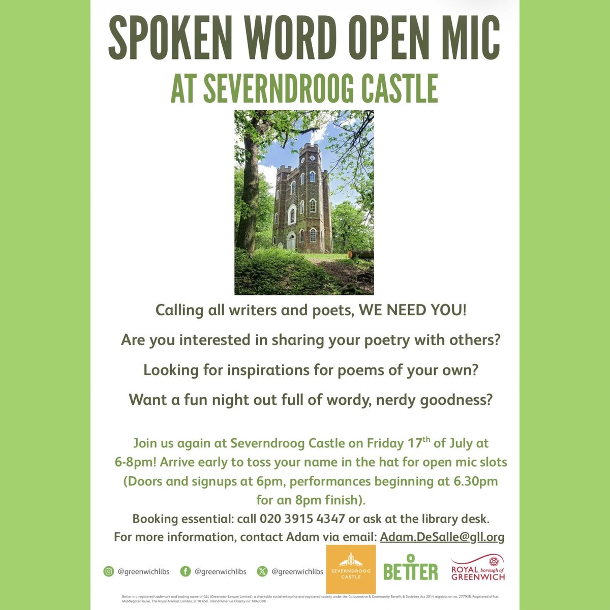 ElthamLibrary's tweet photo. Calling all writers + poets, WE NEED YOU! ✍🏻 Join #ElthamLibrary staff at Severndroog Castle 🏰 on Friday 17 July from 6-8pm for an open mic + spoken word session! (Doors and signups at 6pm, performances beginning at 6.30pm). To book a place: call 020 9315 4347 or ask at the desk https://t.co/8pK3eXqJ7N
