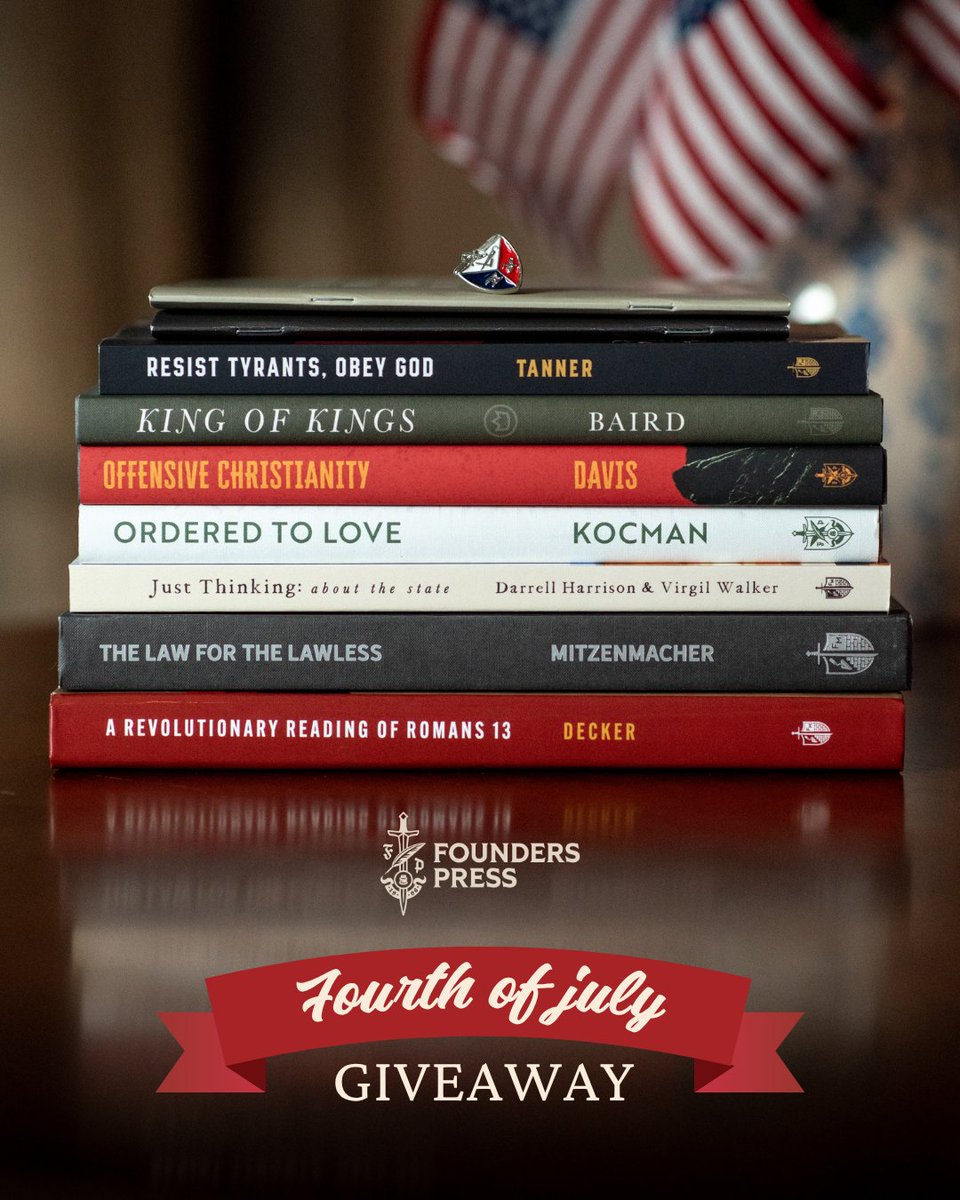 Founders_Press's tweet photo. 🇺🇸 4th of July GIVEAWAY:

POLITICAL THEOLOGY BUNDLE ($177 retail value)

TWO winners will receive:

• A Vintage Founders Ministries Logo Enamel Pin
• Offensive Christianity (@jchasedavis )
• Ordered to Love (@AJKocman)
• King of Kings (@james_d_baird)
• The Law for the Lawless (@davemitz)
• A Revolutionary Reading of Romans 13 (@timldecker)
• Resist Tyrants: Obey God (Tanner)
• Just Thinking: About the State (@virgilwalker / @D_B_Harrison)
• Prayer and Politics (@davemitz)
• The Perils and Promises of Christian Nationalism (@tomascol)

➡️ Enter to win here: https://t.co/0qc4OfqOMZ

Giveaway will close Friday, July 10th at 11:59 PM ET. Winners will be randomly chosen and contacted Monday, July 13th via email.

🚨 Beware of fraudulent accounts claiming to be Founders Press or Founders Ministries. All accounts asking you to sign up outside of this link, open links, or pay for entrance for this giveaway are fraudulent.

🚨 This giveaway is only open to participants aged 18+ with a mailing address in the contiguous United States ONLY. Giveaway will close Friday, July 10th at 11:59 PM ET.