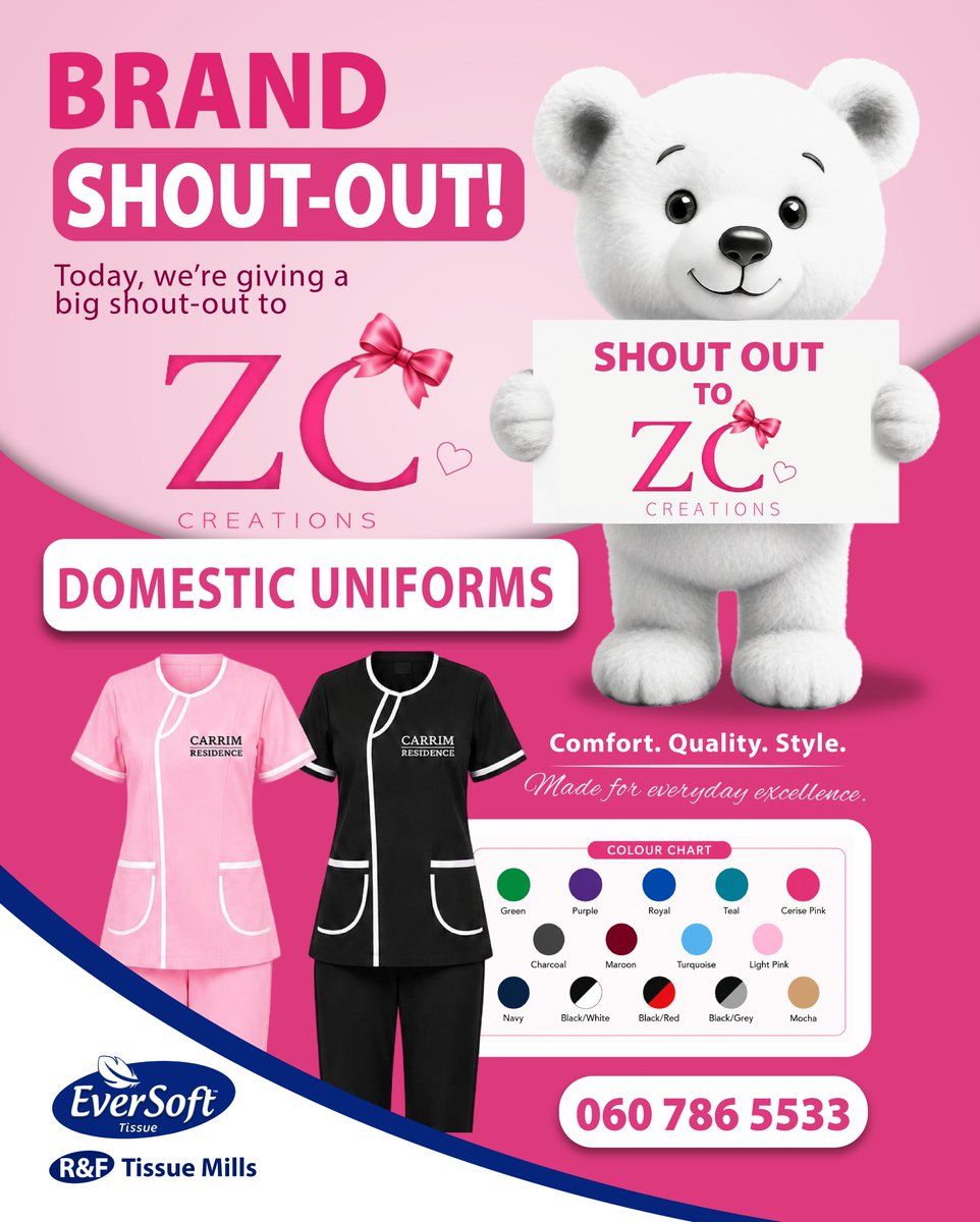 RFTissueMills's tweet photo. ๐ทA big shout-out to ZC Creations!๐ท
Creating quality uniforms with comfort and style.๐ท
๐ทKeep shining! ๐ท
#SupportLocal #BrandShoutOut #ZCCreations #EverSoft #R&FTissueMills https://t.co/by2NNMhZAc