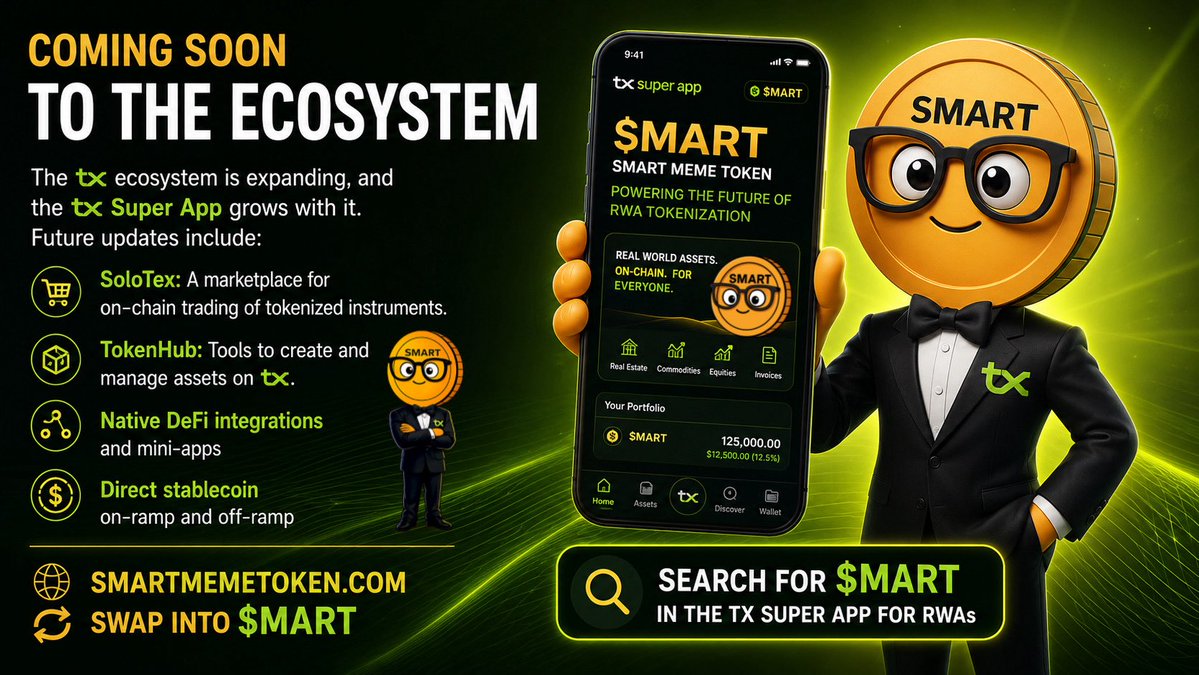rwamart's tweet photo. ICYMI : the tx:native team confirmed a few updates that will be coming to the tx Super App :

- Direct Stablecoin On-ramp &amp; Off-ramp
- @SoloTex_com 
- tx TokenHub 
- Native DeFi integrations and more mini apps 

#RWA #Txelite #solotex #edumeme https://t.co/mdN64d6GQC