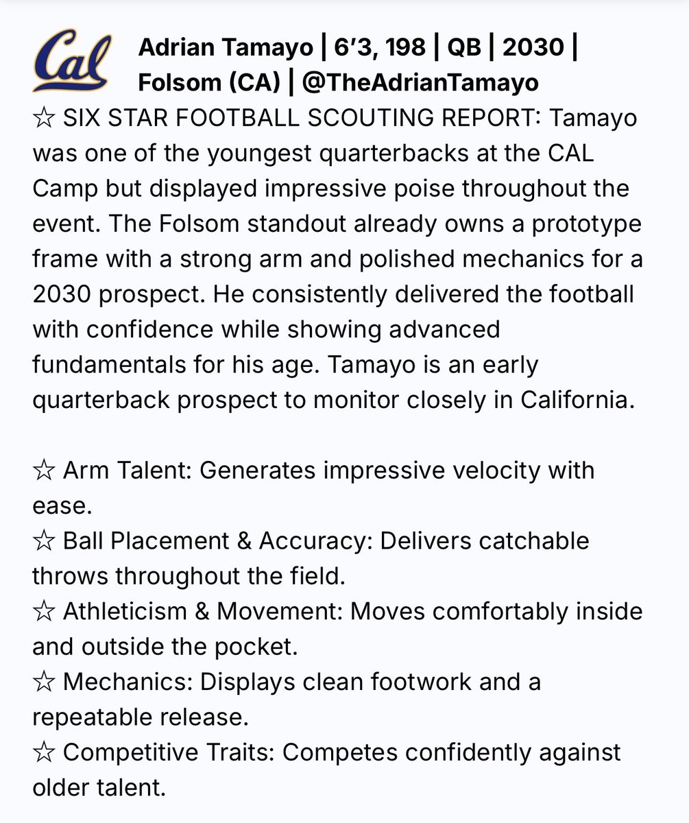 TheAdrianTamayo's tweet photo. 6’3 | QB | Co2030 | Folsom High 

Appreciate the write-up and the time spent evaluating my game @sixstarfootball Season Loading….. 

#AGTG #Quarterback #ClassOf2030 #FolsomHS #Recruiting https://t.co/NoTNooc6xk