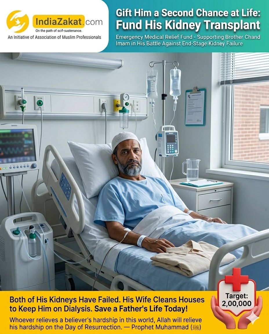 TheIndiaZakat's tweet photo. Chand is battling End Stage Renal Disease (ESRD) and depends on regular dialysis while awaiting a kidney transplant.
Your Zakat &amp; Sadaqah can help him receive the life-saving treatment he urgently needs.
Kindly donate at:
https://t.co/l2pRZiTjdd https://t.co/EqaeIe7roo