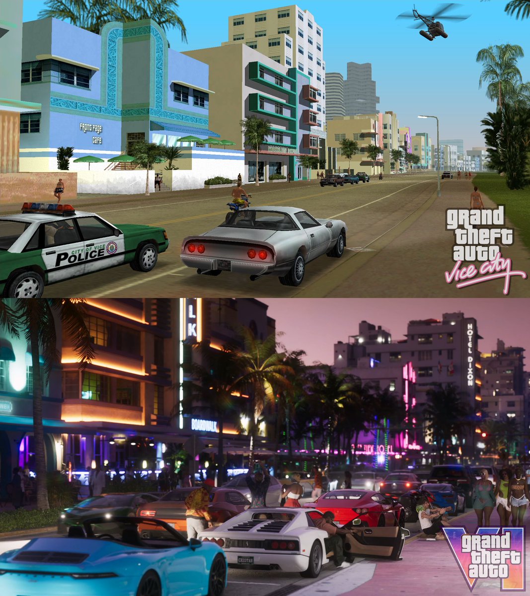 GTAWikiOfficial's tweet photo. Shore Drive (GTA 6) vs. Ocean Drive (GTA Vice City) https://t.co/oMIFKunIes