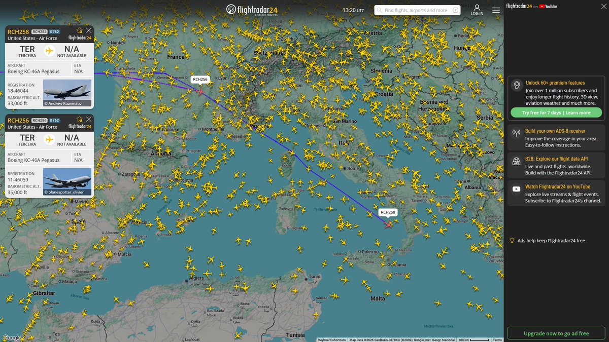 AIYeyENGDdJkjTr's tweet photo. July 4, 2026
#Lajes Air Base, Terceira ==> #Al-Udeid Air Base
#RCH258 #AE5F97 USAF KC-46A Pegasus
#RCH256 #AE5FA6 USAF KC-46A Pegasus https://t.co/azA4EnyS6B