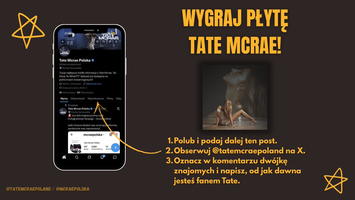 tatemcraepoland's tweet photo. WYGRAJ PŁYTĘ TATE MCRAE: ‘‘SO CLOSE TO WHAT’’ 🧡

Aby wygrać:

1. Polub i podaj dalej ten post.
2. Obserwuj @tatemcraepoland na X.
3. Oznacz w komentarzu dwójkę znajomych i napisz, od jak dawna jesteś fanem Tate.

Na naszym profilu na IG trwa równolegle konkurs na wersję deluxe albumu ‘‘SO CLOSE TO WHAT’’. Zapraszamy!

Konkurs trwa do 5. sierpnia 2026 roku. Powodzenia. 🧡