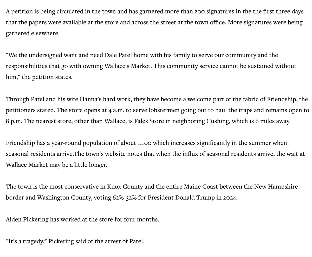 aseitzwald's tweet photo. NEW: The owner of the only store in *the* reddest town on the Maine coast between the NH border and remote  Washington County was arrested by ICE — now residents are rallying for his release. 
https://t.co/yHNgUmxtNZ https://t.co/xA2dvGy0N0
