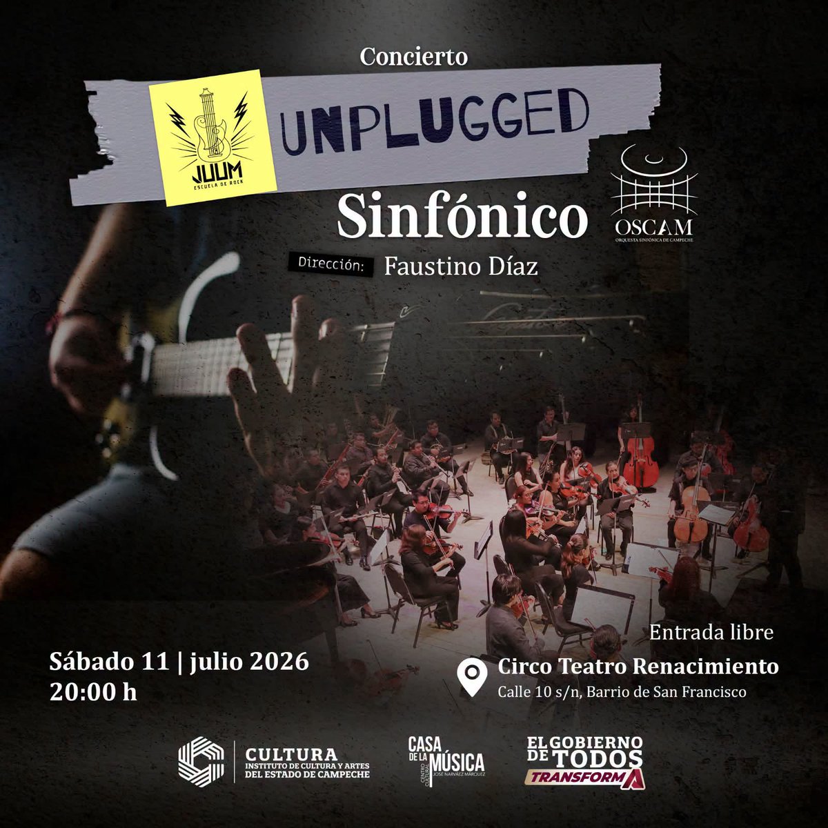 Martha__Angulo's tweet photo. 🎸🎻 El rock y la música sinfónica se unen en “Unplugged Sinfónico”
La Escuela de Rock JUUM y la Orquesta Sinfónica de Campeche te invitan a disfrutar de este espectáculo bajo la dirección de Faustino Díaz.
📅 11 de julio | 🕗 20:00 h
📍 Circo Teatro Renacimiento
🎟️ Entrada libre https://t.co/Svc5Sk84RV