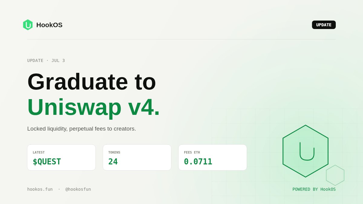 hookosfun's tweet photo. Complete the curve. Your token earns a permanent seat on Uniswap v4 — real pool, locked liquidity, no rug vector. Creators keep collecting fees forever. That's the endgame. #HookOS https://t.co/RDHYO59LiB