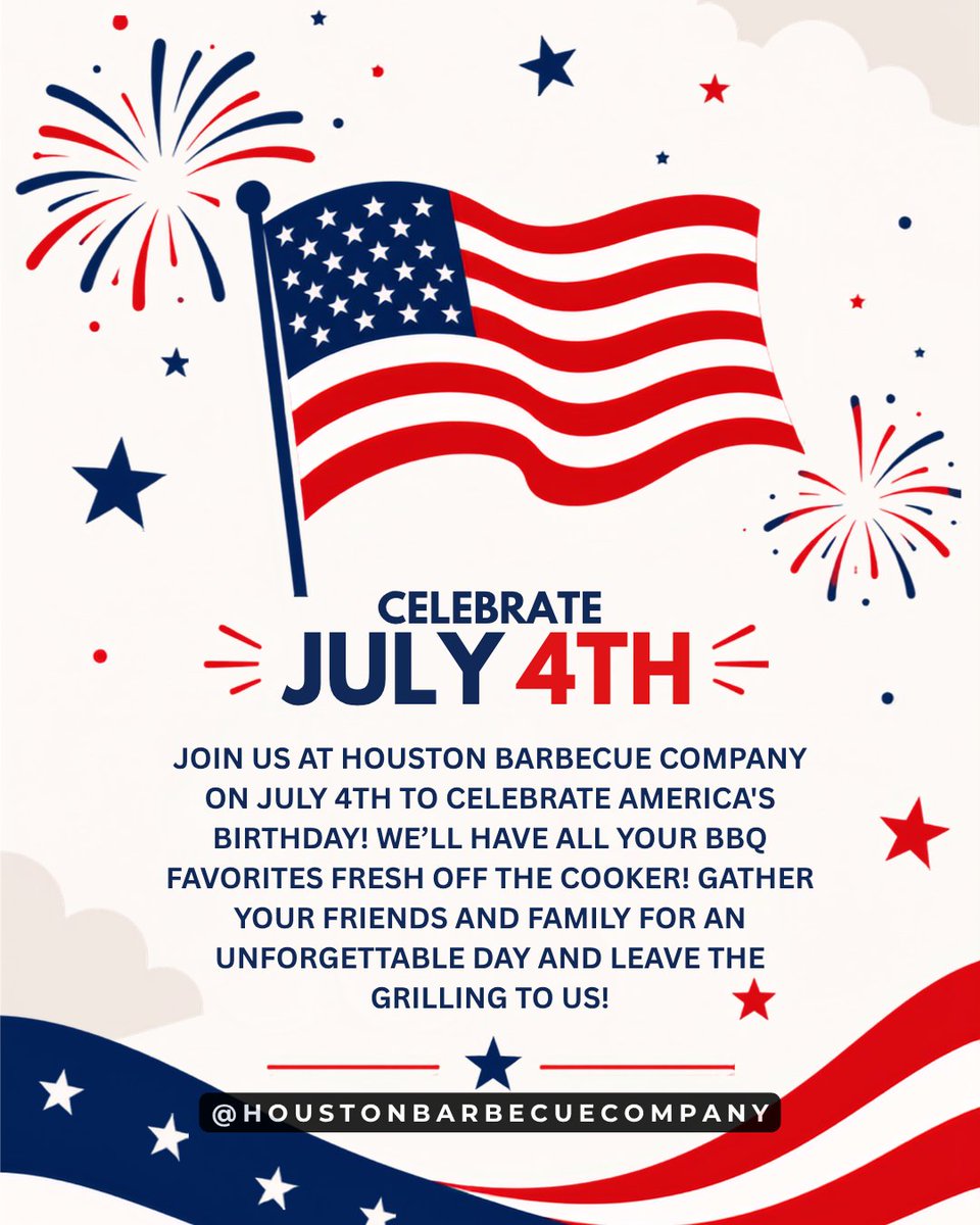 HoustonBBQ_TX's tweet photo. Celebrate the 4th of July with a BBQ feast at Houston Barbecue Company! 🫡🔥 Sink your teeth into some legendary beef ribs, enjoy smoky flavors, and make this Independence Day unforgettable. Bring your friends and family—let’s get grilling! 🎆 #July4th #HoustonBBQ #EnergyCorridor https://t.co/2V7MC3pcoi