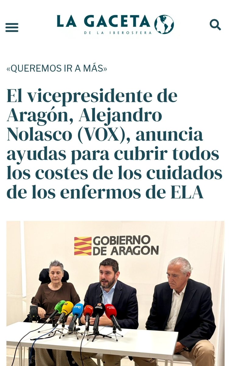 ElsadelCastill3's tweet photo. ¡Bravo, VOX!

El vicepresidente de Aragón, Alejandro Nolasco (VOX), anuncia ayudas para cubrir todos los costes de los cuidados de los enfermos de ELA.

https://t.co/QDjiBjbZYF https://t.co/5KTBb4E1gH