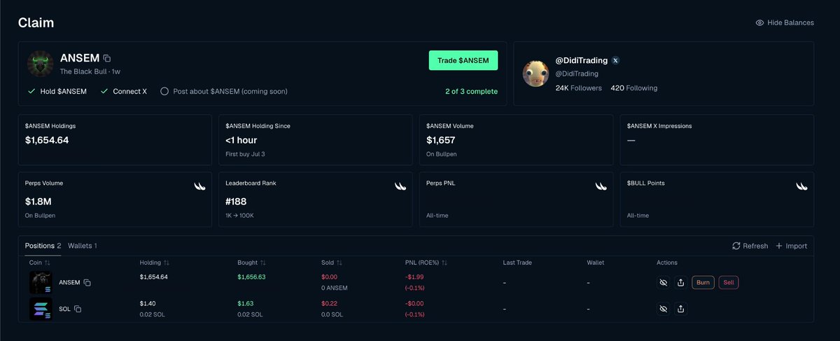 DidiTrading's tweet photo. Day 551: solana:9cRCn9rGT8V2imeM2BaKs13yhMEais3ruM3rPvTGpump airdrop page got added to Bullpen.

To prevent sybils, Bullpen introduced a claim page for real users and active traders.

Here's how to qualify for the airdrop:

- Go to: https://t.co/IuJG9ga8At

> Hold solana:9cRCn9rGT8V2imeM2BaKs13yhMEais3ruM3rPvTGpump in your Bullpen wallet
> Connect your X account
> Post about solana:9cRCn9rGT8V2imeM2BaKs13yhMEais3ruM3rPvTGpump  (coming soon)

In case you didn't know, @blknoiz06 is the co-founder of @BullpenFi , so I expect a large part of the airdrop to flow towards active Bullpen users.

Around 58% of the supply (~$113M) is still up for grabs. That's enough for me to spend a few minutes positioning myself.